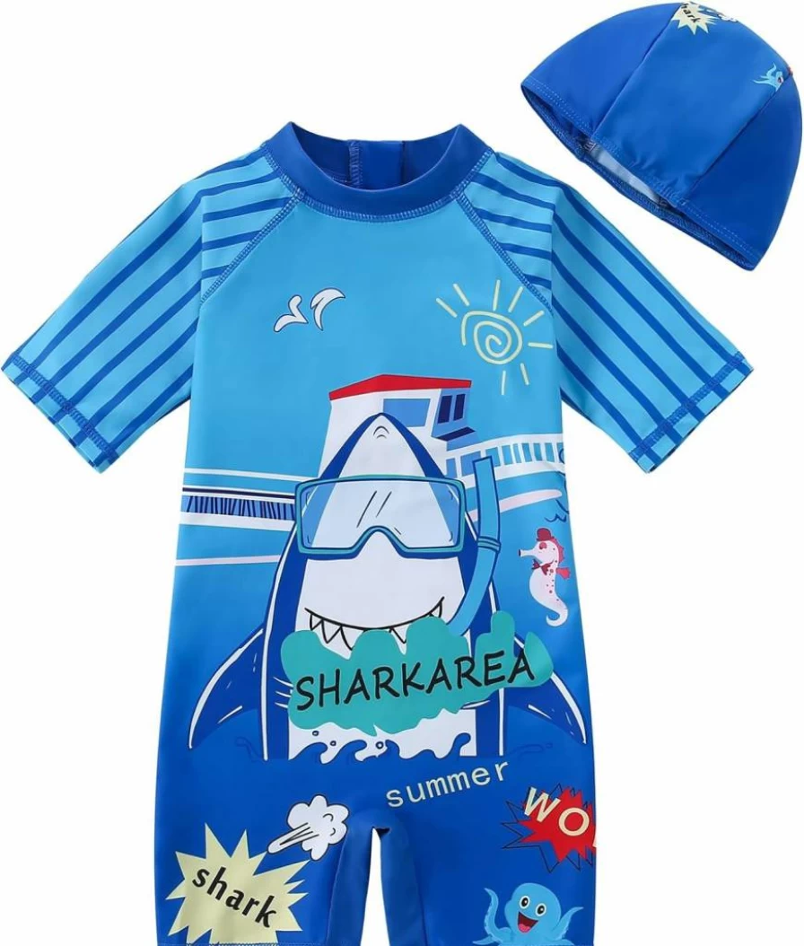 AIWUHE Boys One Piece Swimsuit UPF 50+ with Hat - Toddler Rash Guard Swimwear Short Sleeve Zipper Bathing Suit for Beach 1-6 Years