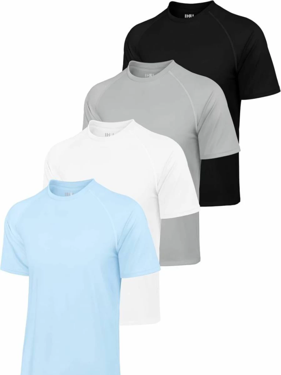 IHU Men's 4 Pack UPF 50+ Rash Guard Shirts - Short Sleeve Sun Protection Swim Shirts for Swimming, Fishing & Hiking - Quick Dry Performance Shirts
