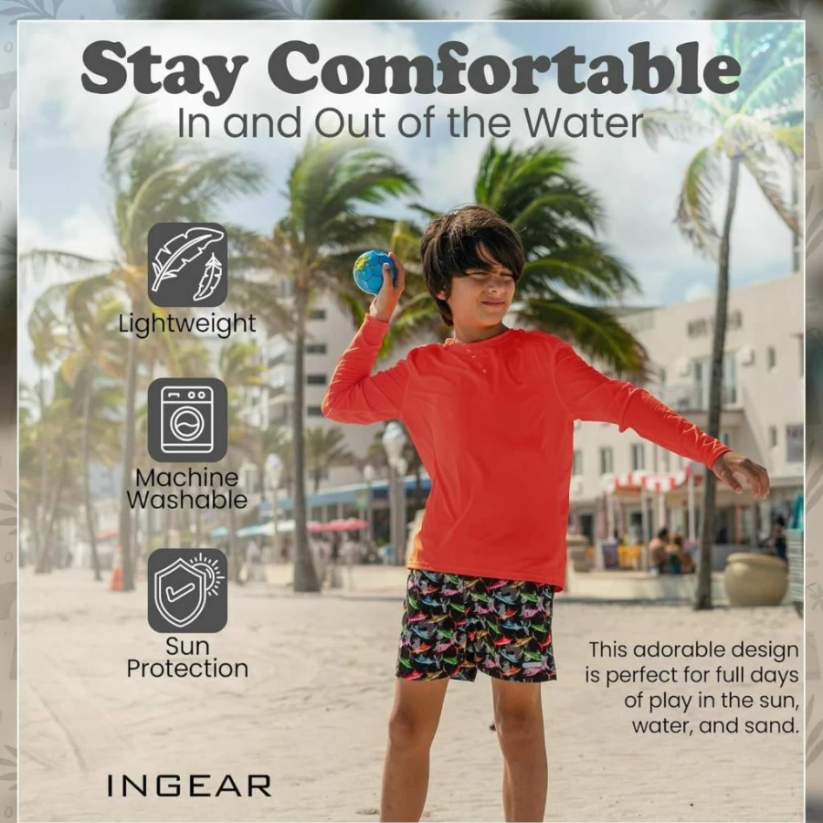 INGEAR Boys' UPF 50+ Sun Protection Swim Shirt - Quick Dry Rash Guard for Swimming, Surfing & Beach - Lightweight UV Shirt Sizes XS-XL
