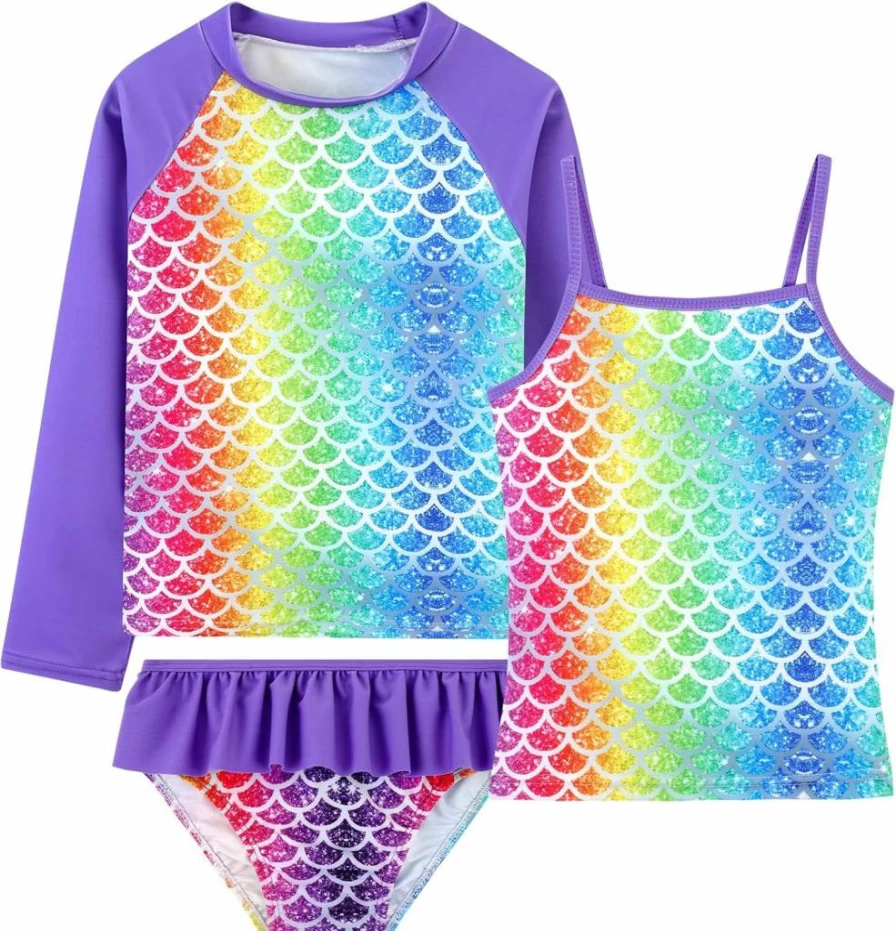 DAXIANG Girls 3-Piece Tankini Swimsuits Long Sleeve Rash Guard Swimwear with Bottom for Kids Toddler 3-12 Years UV Protection Bathing Suit