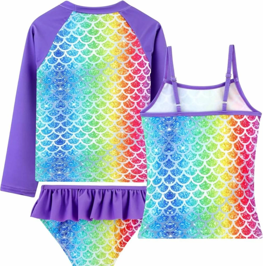 DAXIANG Girls 3-Piece Tankini Swimsuits Long Sleeve Rash Guard Swimwear with Bottom for Kids Toddler 3-12 Years UV Protection Bathing Suit