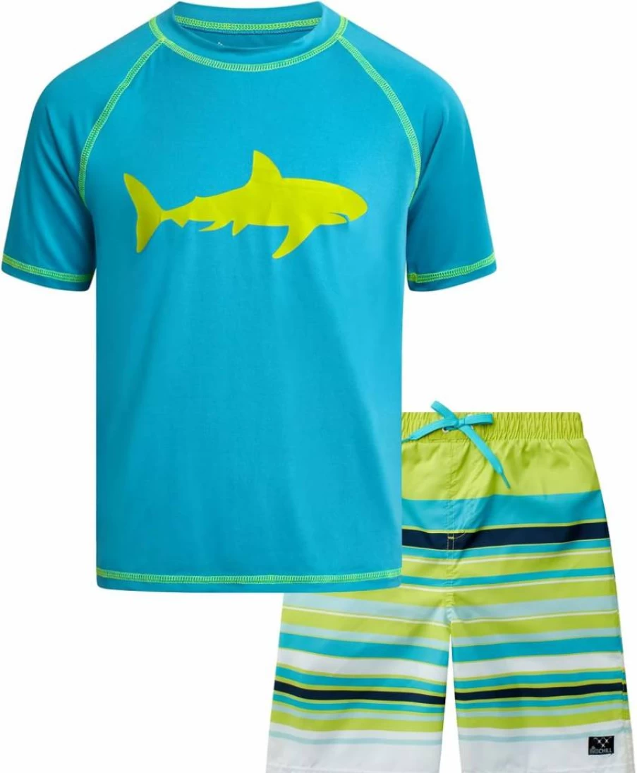 Big Chill Boys 2-Piece Rash Guard Swim Set - UPF 50+ Quick Dry Short Sleeve Shirt & Swim Trunks (Sizes 4-14)