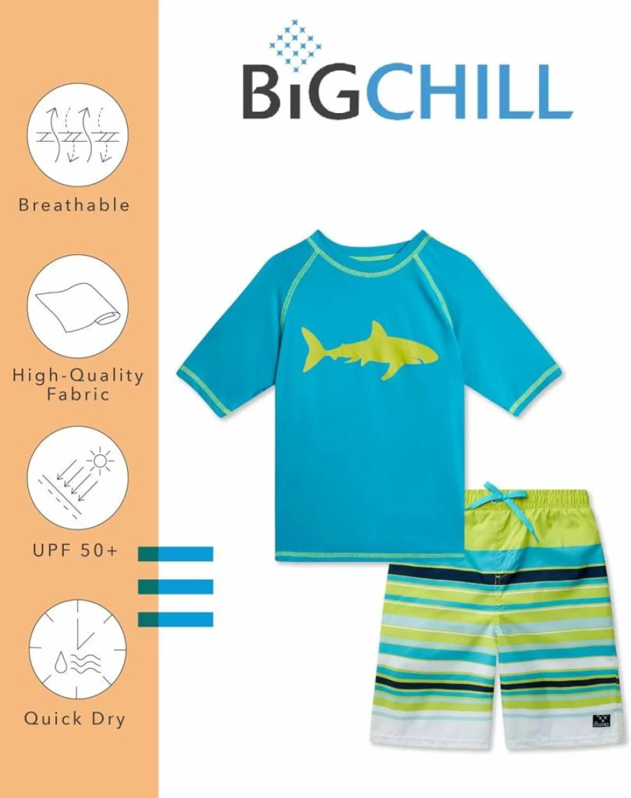 Big Chill Boys 2-Piece Rash Guard Swim Set - UPF 50+ Quick Dry Short Sleeve Shirt & Swim Trunks (Sizes 4-14)