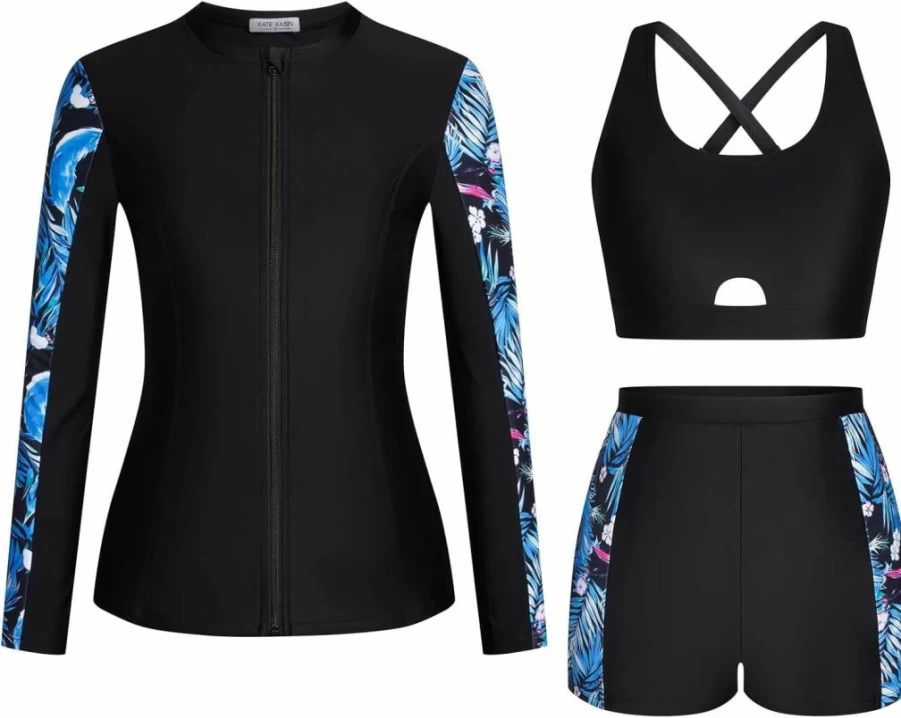 Kate Kasin Women's 3-Piece UV Protection Swimwear Set with Long Sleeve Rash Guard, Built-In Bra & Boyshorts