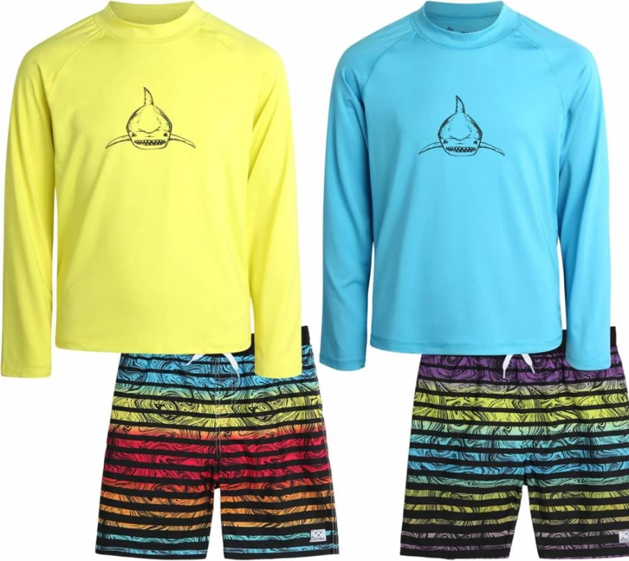 Big Chill Boys 4-Piece UPF 50+ Swim Set - Long Sleeve Rash Guard & Swim Trunks Quick Dry Set for Kids Sizes 4-14