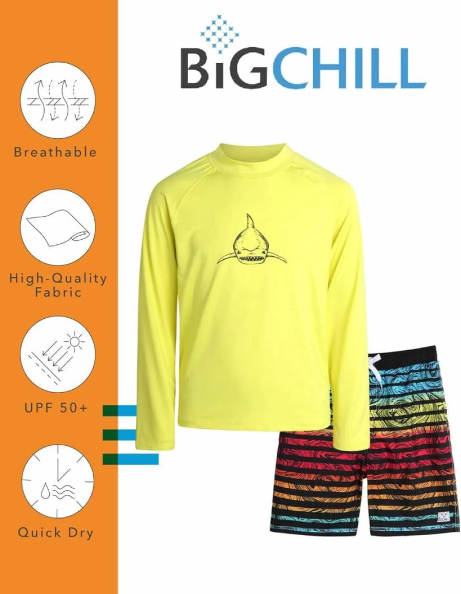 Big Chill Boys 4-Piece UPF 50+ Swim Set - Long Sleeve Rash Guard & Swim Trunks Quick Dry Set for Kids Sizes 4-14