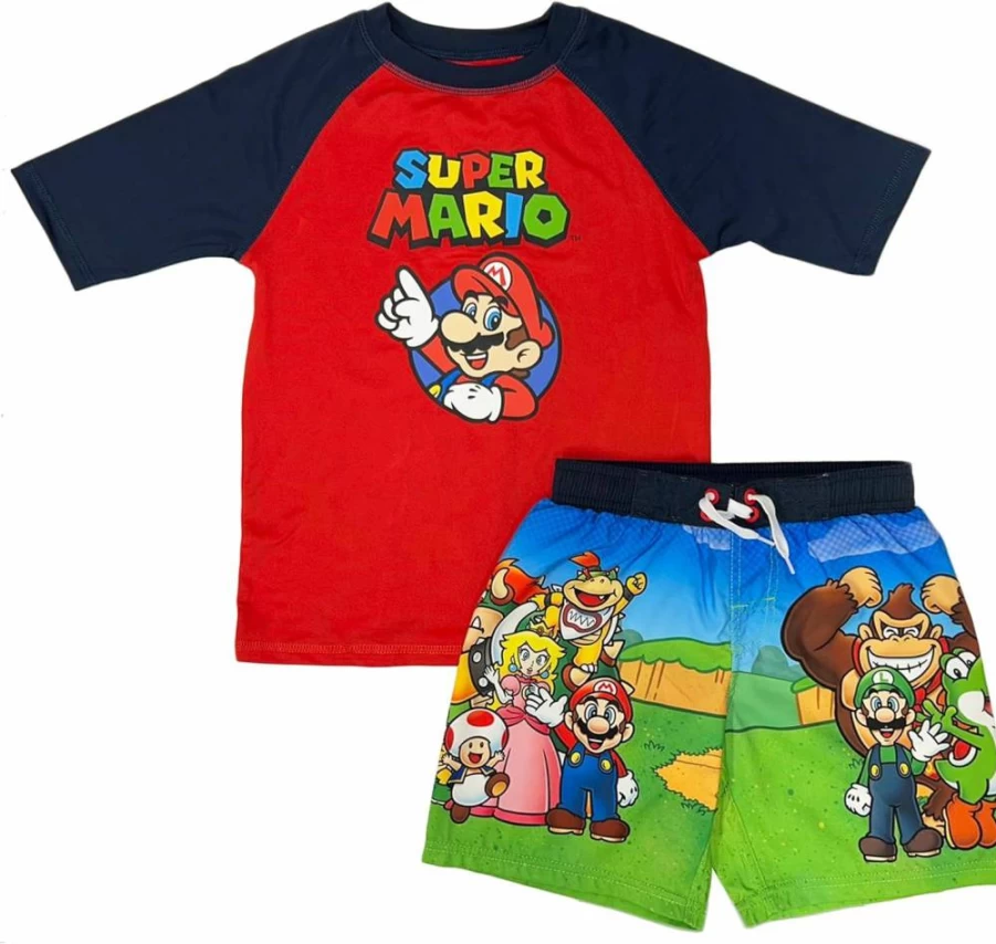 Isaac Morris Limited Super Mario Boys Swimwear Set - Swim Trunks & Rash Guard for Kids