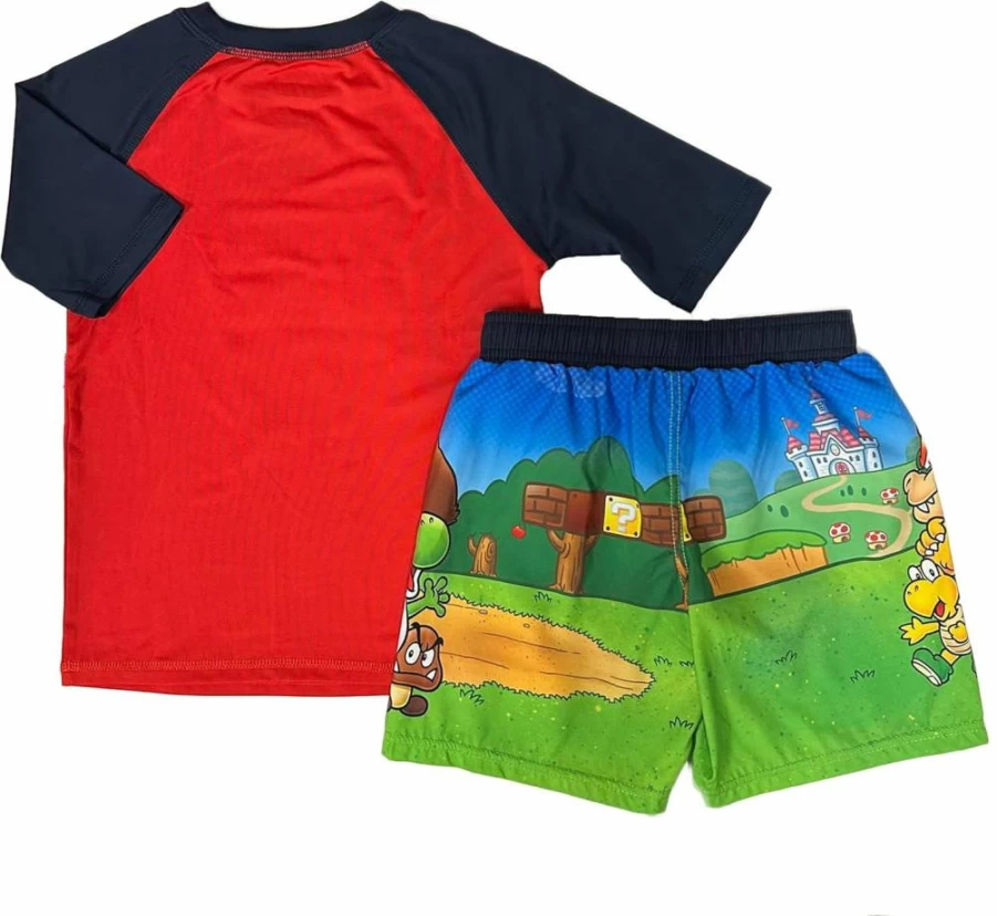 Isaac Morris Limited Super Mario Boys Swimwear Set - Swim Trunks & Rash Guard for Kids