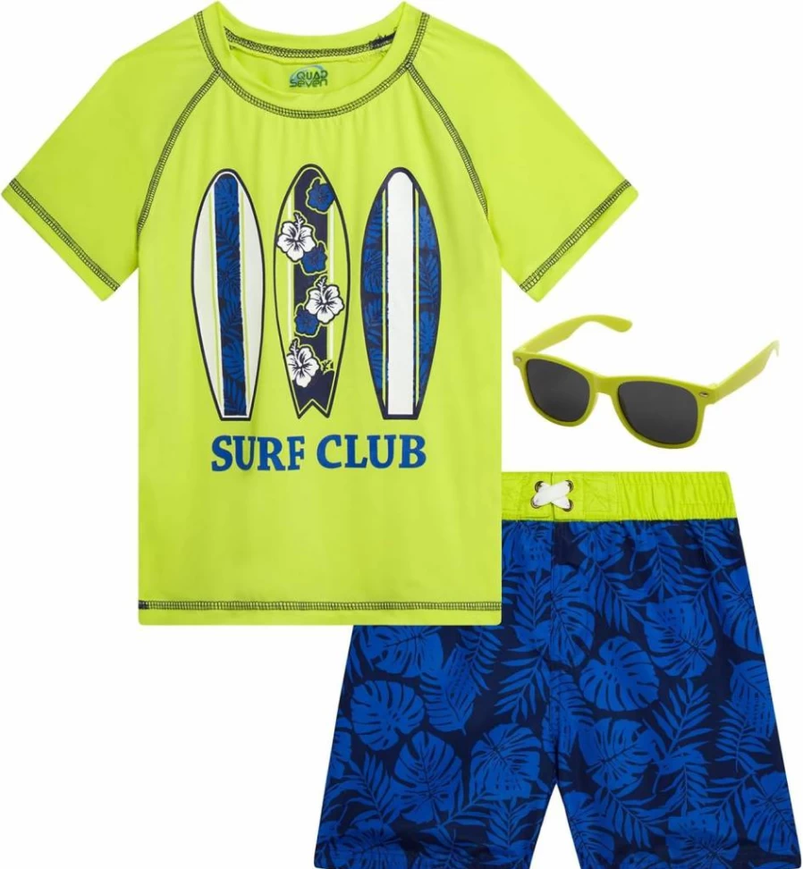 Quad Seven Boys' 3-Piece Swim Set - Rash Guard, Swim Trunks & Sunglasses for Toddlers (12M-7T) - UPF 50+ Sun Protection Beach Outfit