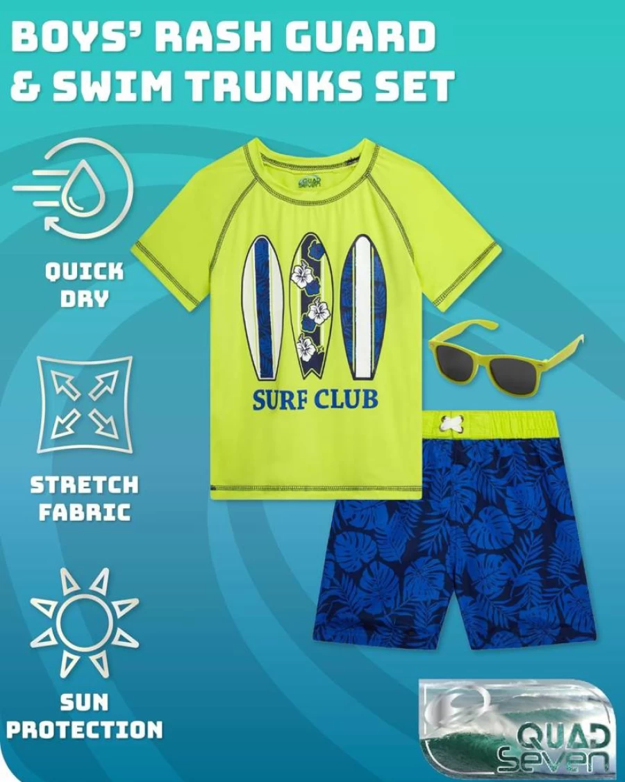 Quad Seven Boys' 3-Piece Swim Set - Rash Guard, Swim Trunks & Sunglasses for Toddlers (12M-7T) - UPF 50+ Sun Protection Beach Outfit