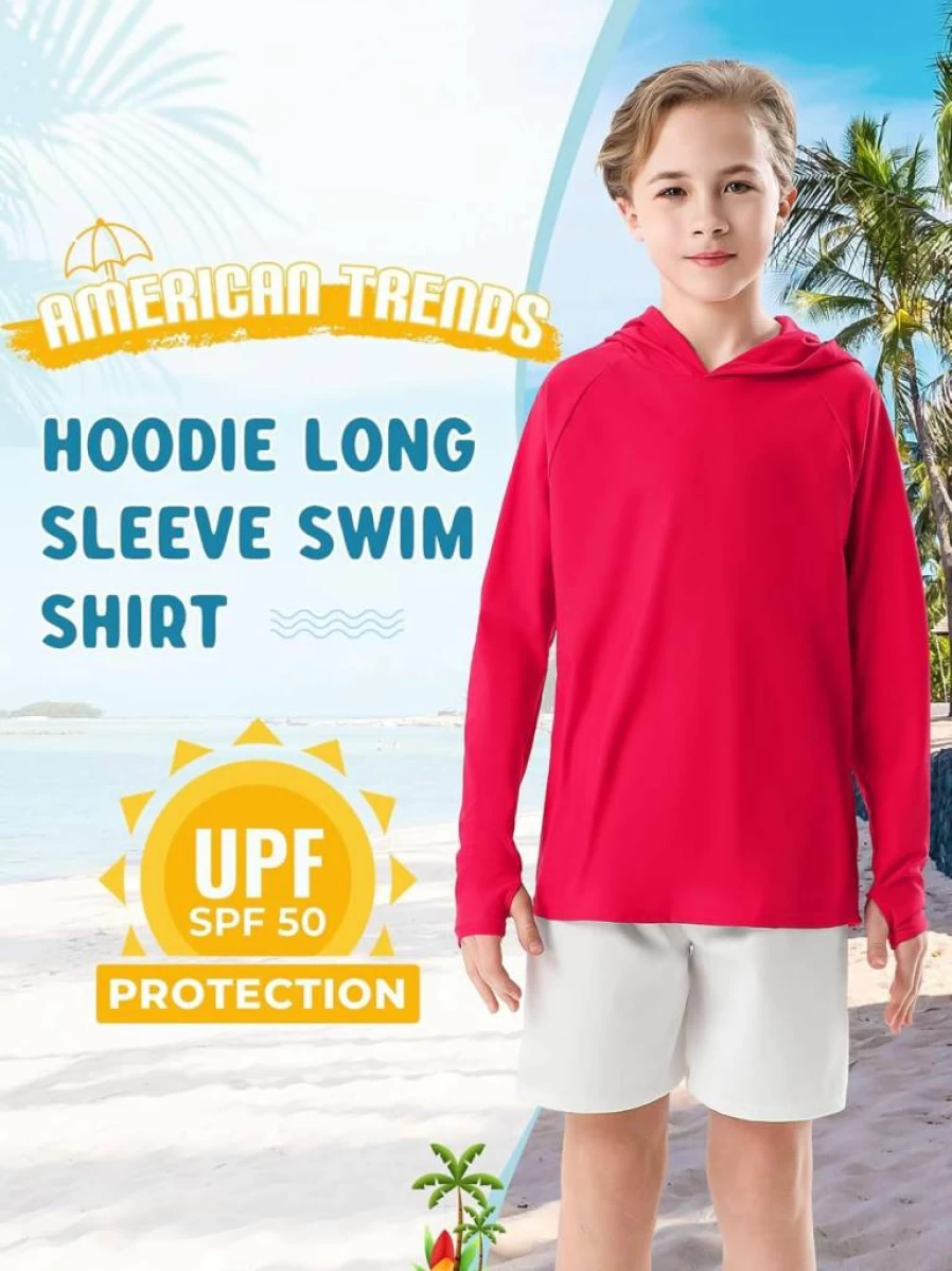 American Trends UPF 50+ Boys Long Sleeve Rash Guard Swim Shirt with Thumb Holes - Sun Protective Toddler & Kids Fishing Shirt