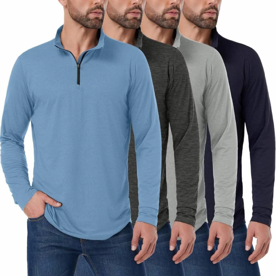 OYGSieg Men's UPF 50+ Sun Protection Shirts 4 Pack - Quick Dry Long Sleeve Rash Guard Quarter Zip Pullover for Outdoor Workouts