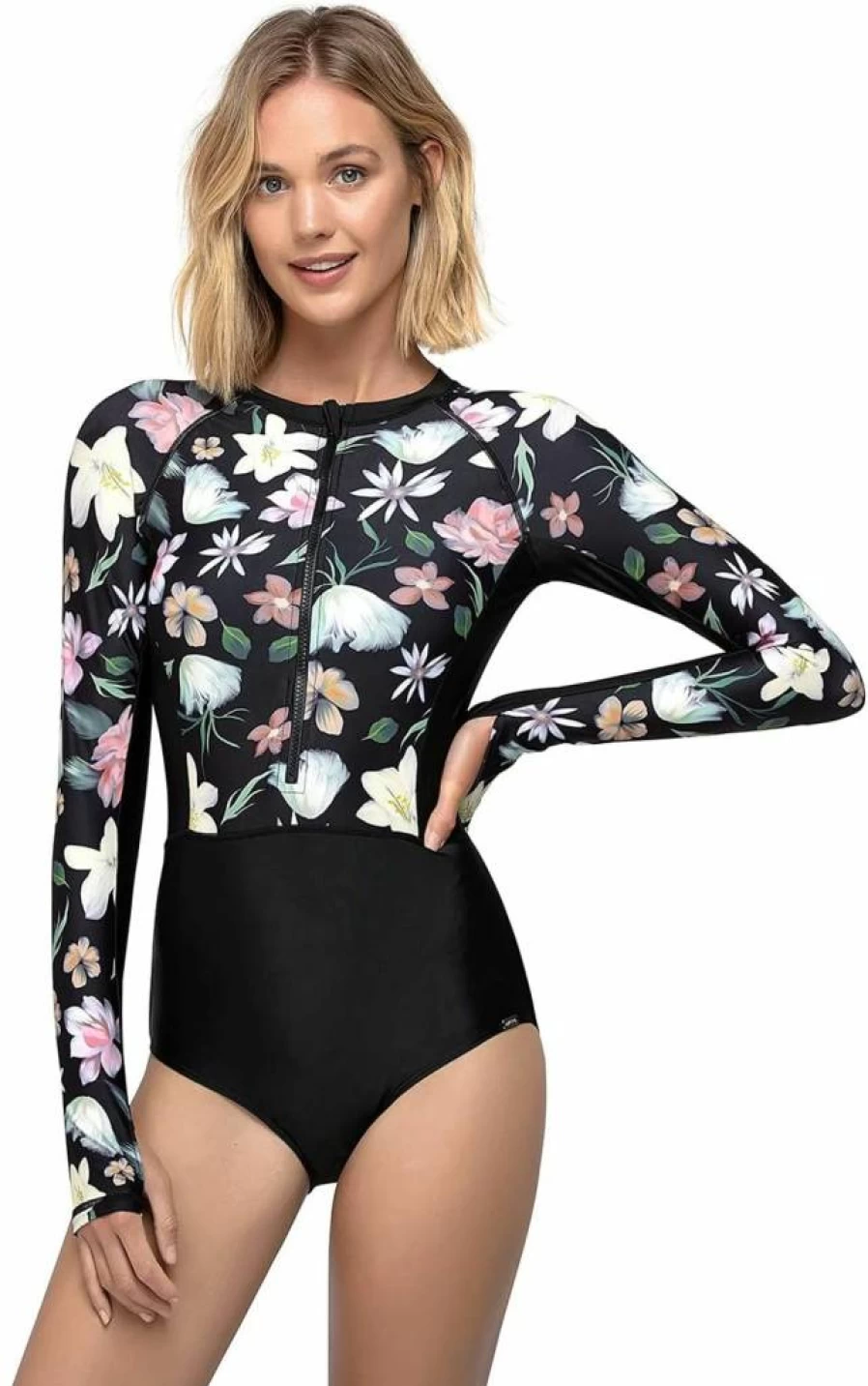 AXESEA Women's Long Sleeve One Piece Swimsuit UPF 50+ Sun Protection Zipper Bathing Suit Rash Guard Printed Patchwork Design