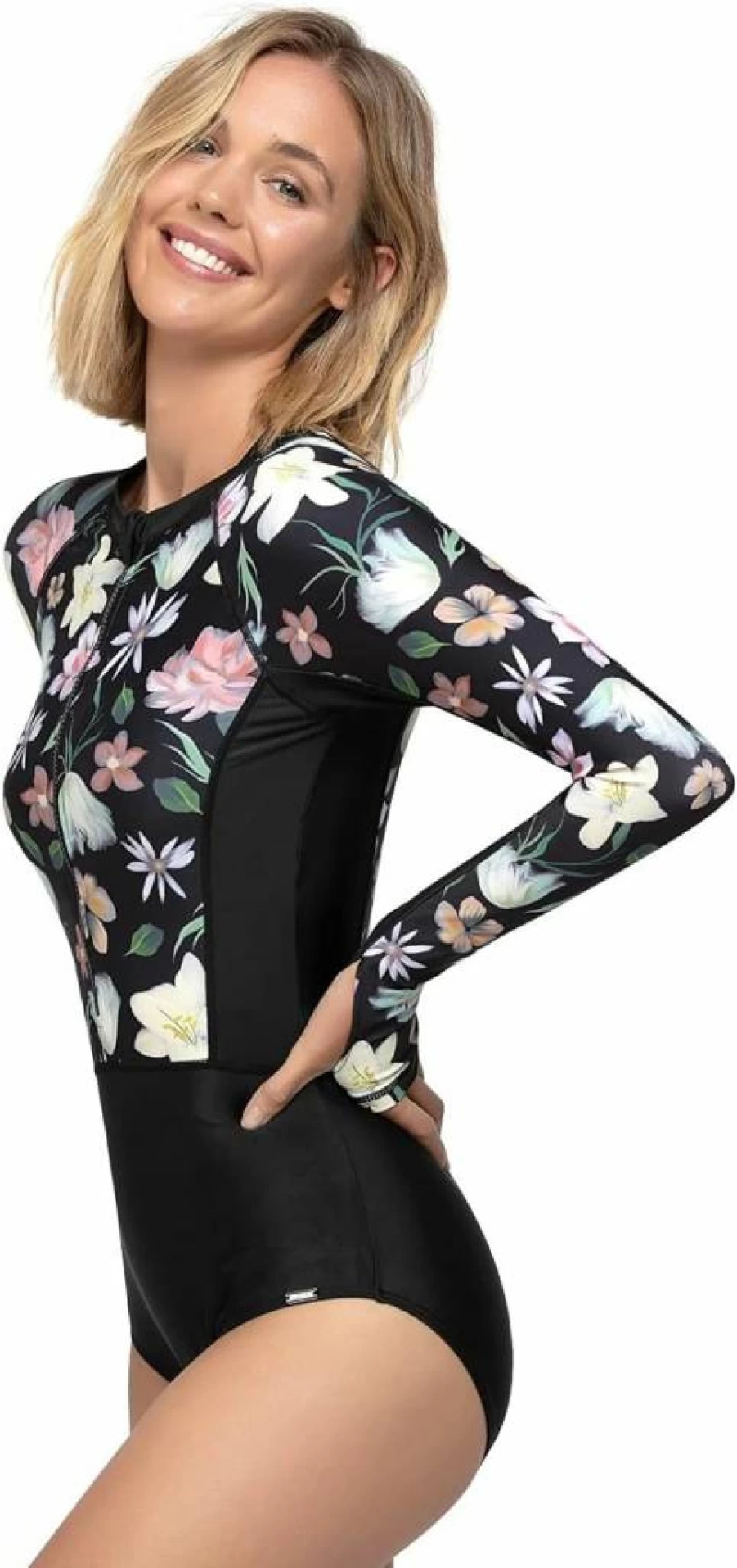 AXESEA Women's Long Sleeve One Piece Swimsuit UPF 50+ Sun Protection Zipper Bathing Suit Rash Guard Printed Patchwork Design