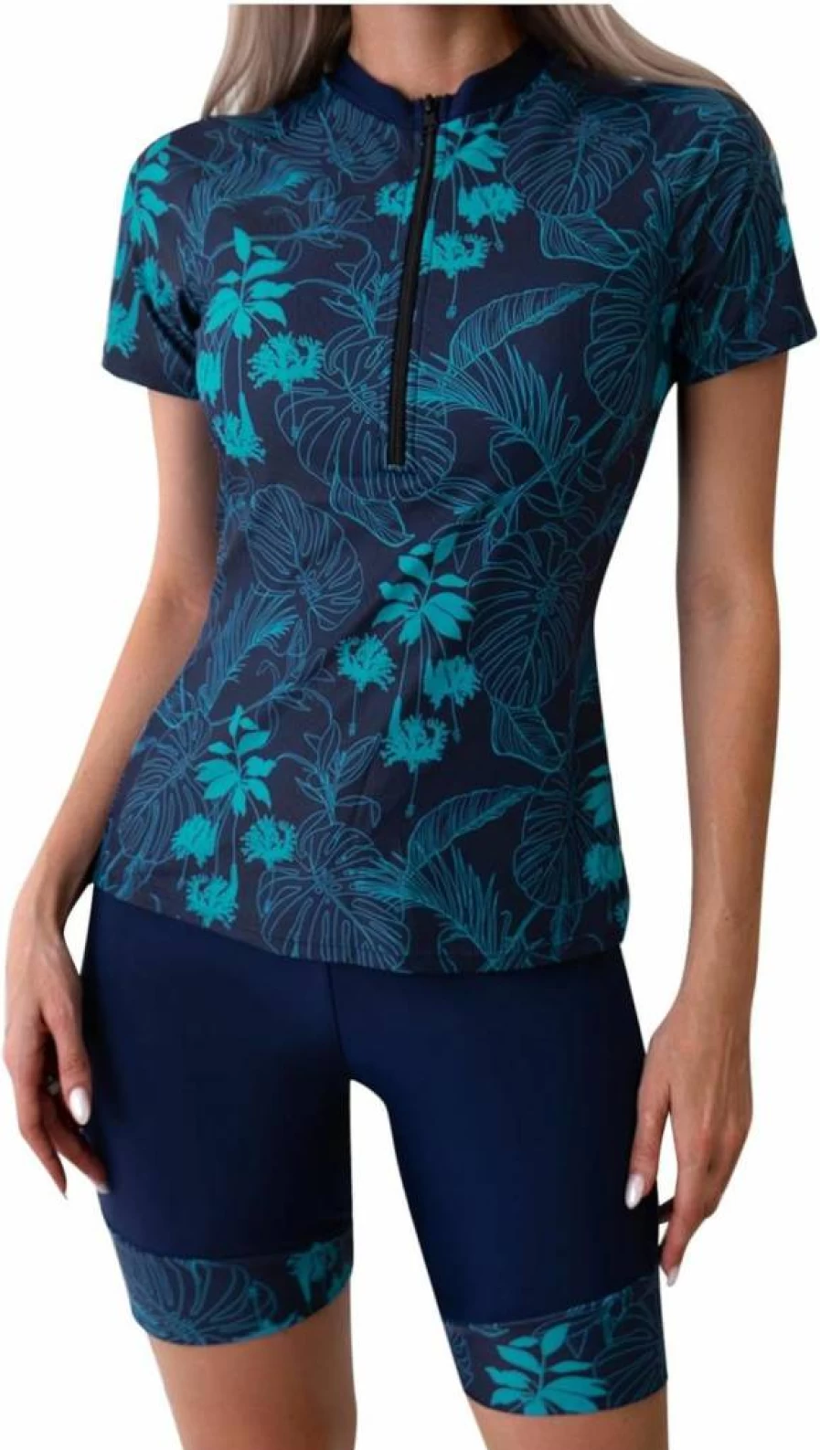 Huilaibazo Women's Short Sleeve Rash Guard Swim Shirt & Shorts Set - UPF Surfing Swimwear, Zipper Bathing Suit for Beach & Pool