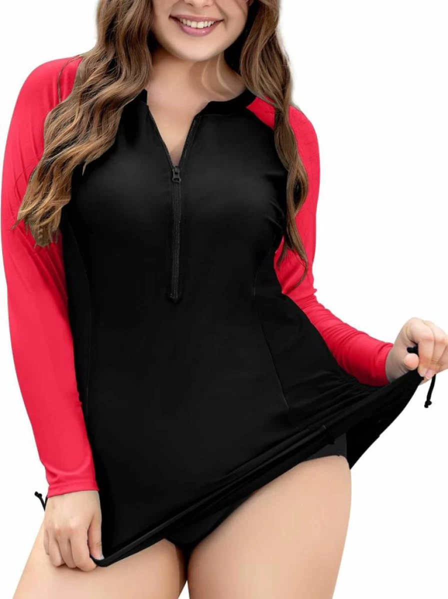 COOTRY Women's Plus Size UPF 50+ Long Sleeve Swim Shirt with Zipper - Sun Protective Rash Guard Swim Top