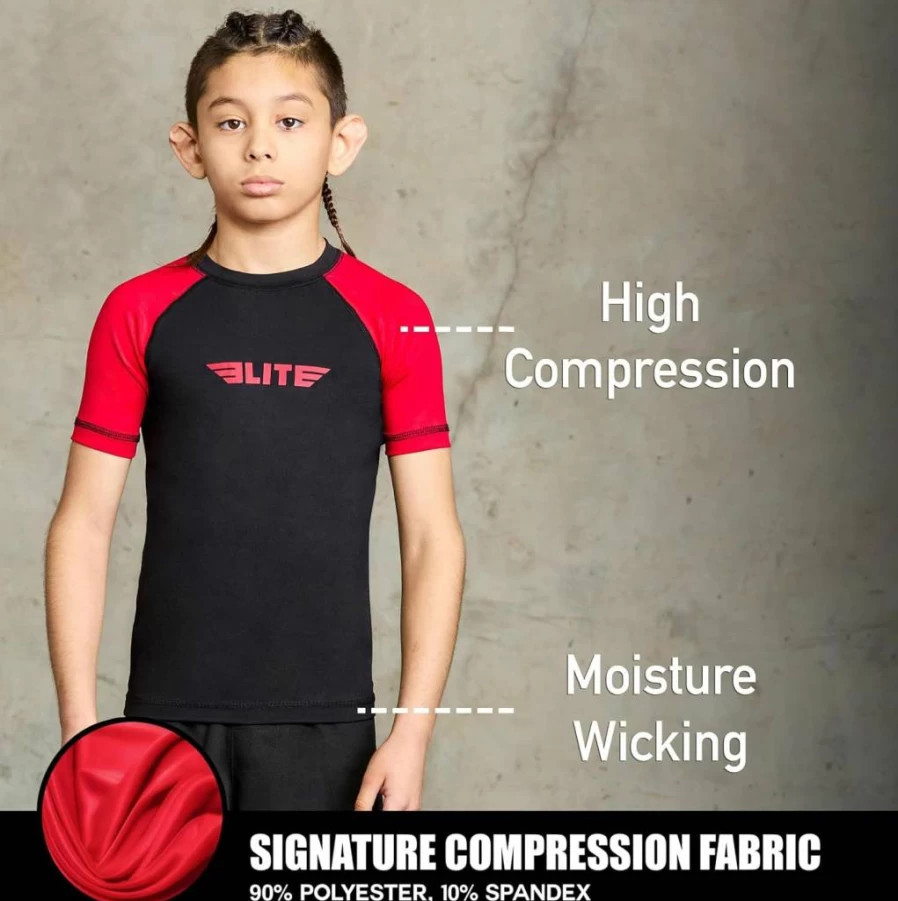 Elite Sports Kids BJJ Rash Guard - Short Sleeve Compression Shirt for Youth Boys & Girls - NoGi Jiu Jitsu Training Top