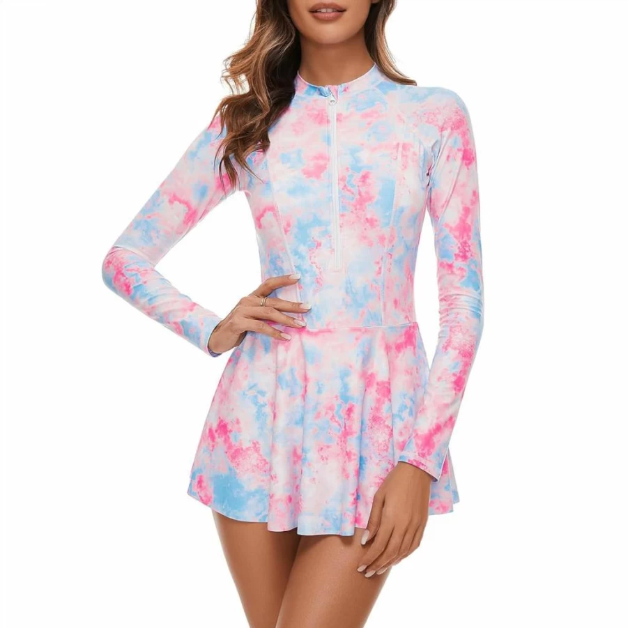 Century Star Women's Modest One Piece Swimwear Long Sleeve Swim Dress with Skirt - UPF Rash Guard Bathing Suit for Teens and Girls