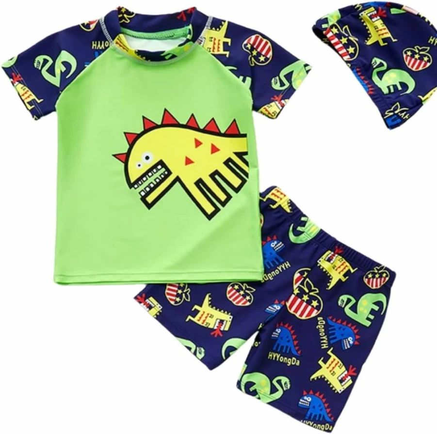 DOOVID Baby Boy 3-Piece UPF 50+ Swim Set with Rash Guard, Short Sleeve Swimsuit & Sun Hat for Toddlers
