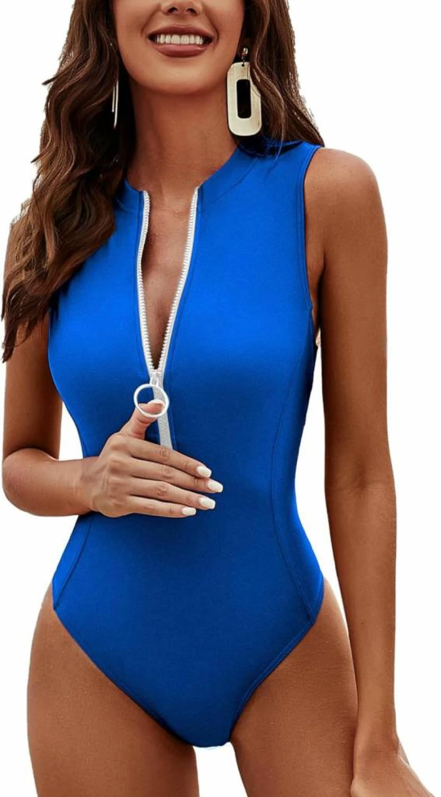 Charmo Women's One Piece Swimsuit - 80s 90s Retro High Neck Full Coverage Bathing Suit with Zipper & Racerback Rash Guard Swimwear