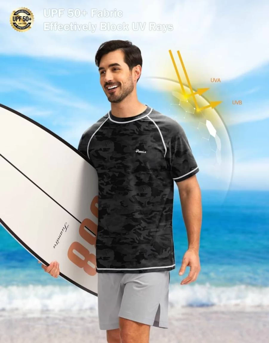 Pudolla Men's UPF 50+ Sun Protection Rash Guard Swim Shirt Quick Dry Surf Beach Water Shirt