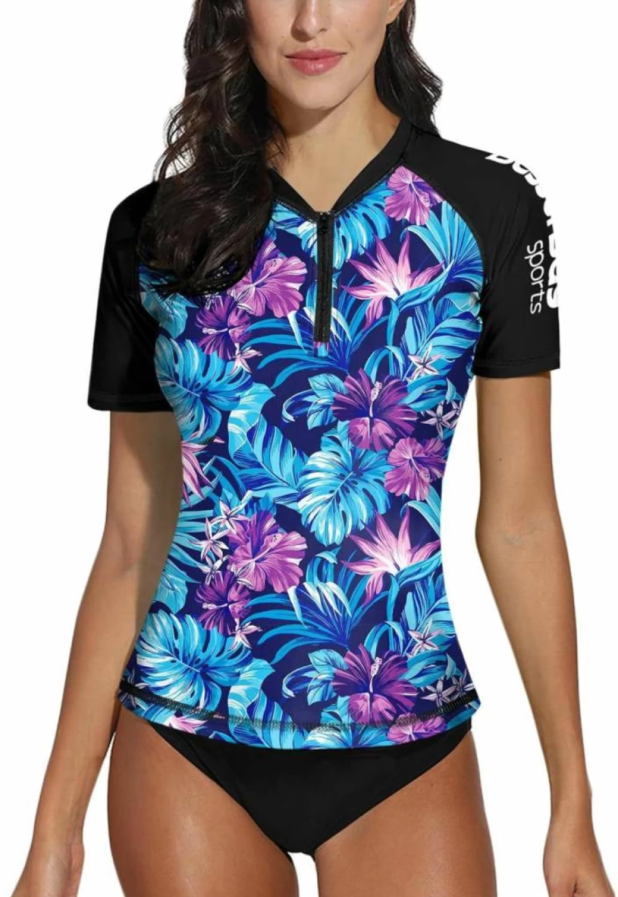 BesserBay Women's UPF 50+ Half Zip Short Sleeve Rash Guard Swim Top - Quick Dry Tropical Print Swim Shirt for Surfing & Beach