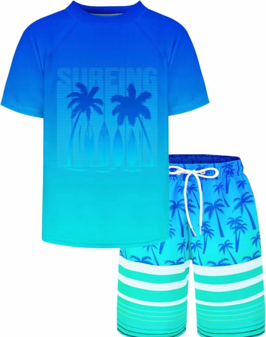 Stadupimry Boys' 2-Piece Rash Guard & Swim Trunks Set - Short Sleeve Kids Swimsuit for Swimming