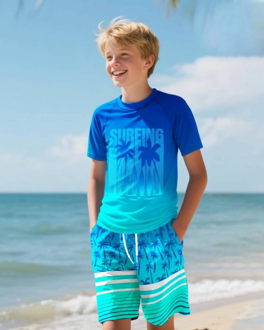 Stadupimry Boys' 2-Piece Rash Guard & Swim Trunks Set - Short Sleeve Kids Swimsuit for Swimming