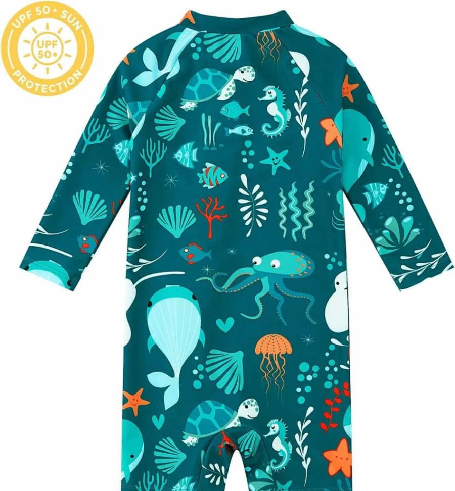 Upandfast UPF 50+ Baby Boy Swimsuit Rash Guard - Toddler One-Piece Zipper Swim Shirt with Sun Protection