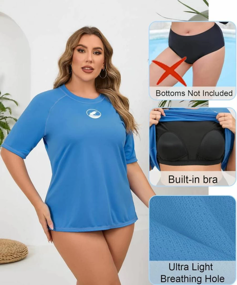 Halcurt Women's Plus Size UPF 50+ Swim Shirt with Built-In Bra - Quick Dry Short Sleeve Rash Guard Top for Swimming