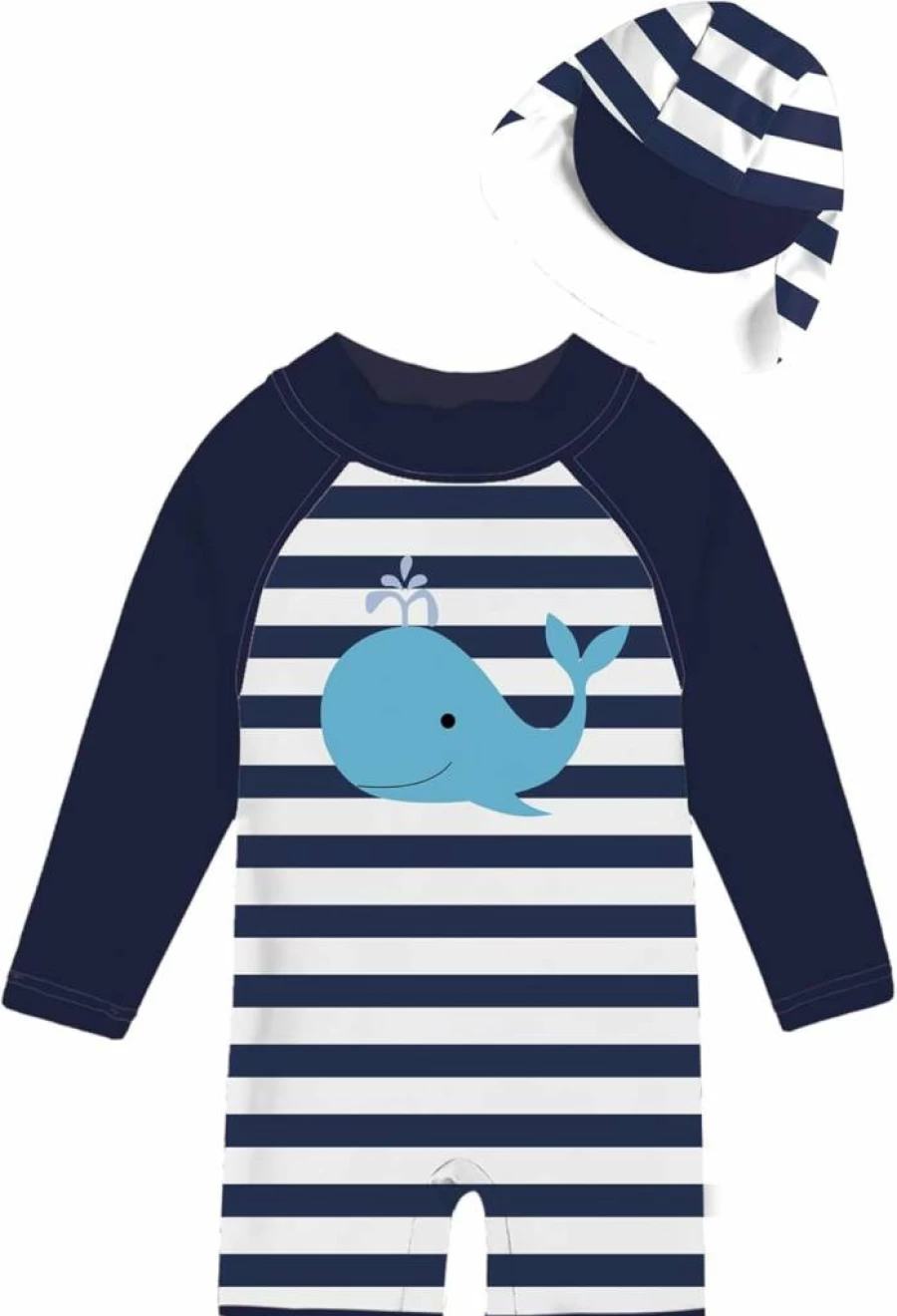 Uideazone Baby Boys UPF 50+ Long Sleeve One Piece Swimsuit with Sun Hat - Rash Guard Swimwear for Infants 0-24 Months