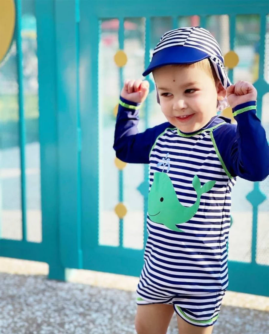 Uideazone Baby Boys UPF 50+ Long Sleeve One Piece Swimsuit with Sun Hat - Rash Guard Swimwear for Infants 0-24 Months