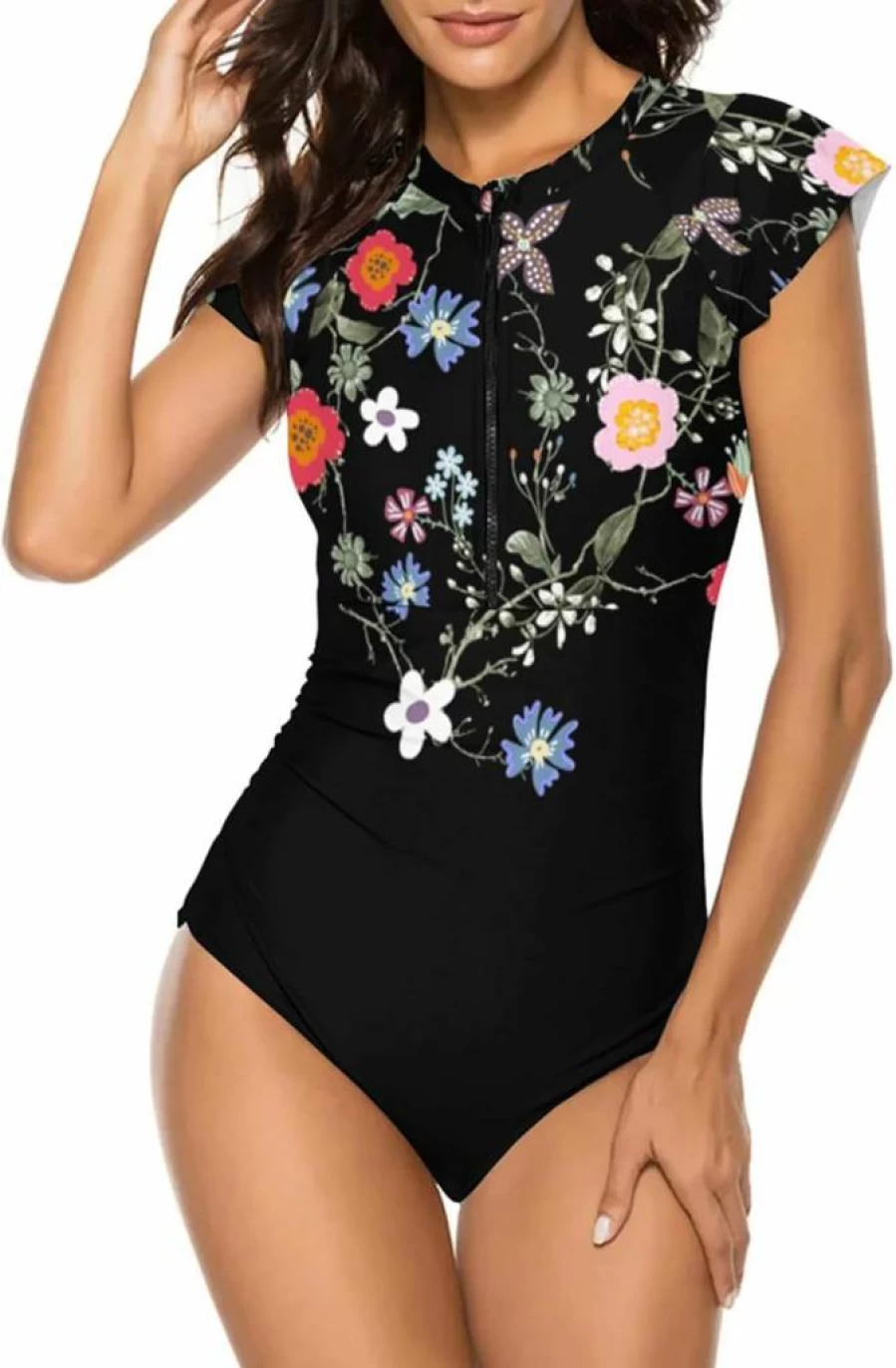 Wolddress Women's Modest One-Piece Swimsuit with Tummy Control, Short Sleeve Rash Guard for Surfing & Athletic Swimwear