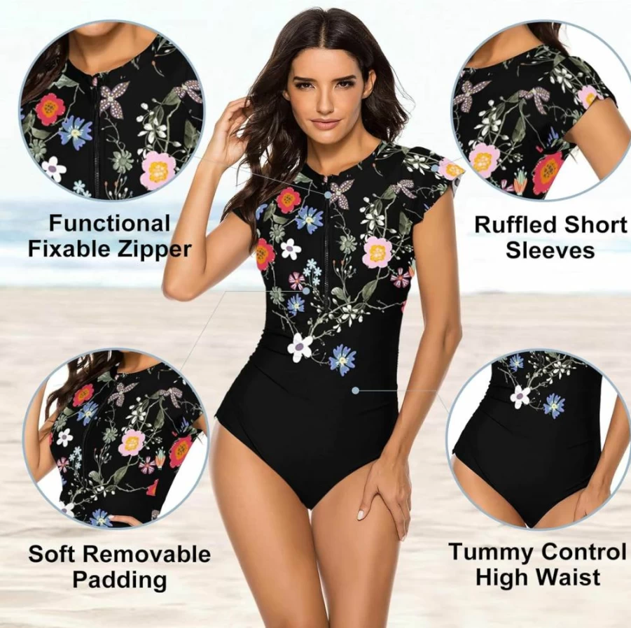 Wolddress Women's Modest One-Piece Swimsuit with Tummy Control, Short Sleeve Rash Guard for Surfing & Athletic Swimwear