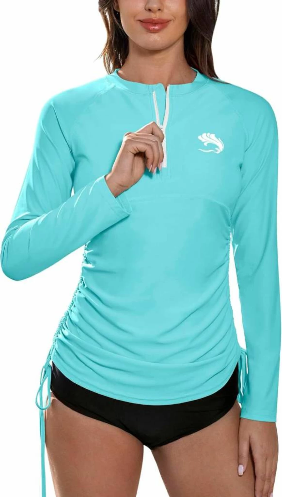 BesserBay Women's UPF 50+ Sun Protection Long Sleeve Rash Guard Swim Top with Half Zip and Ruched Tie Side Design