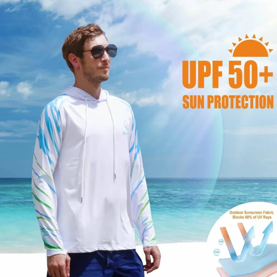 Kalkal UPF 50+ Men's Fishing Shirt Long Sleeve Hoodie with Face Mask Quick Dry Sun Protection Rash Guard Hooded Shirt
