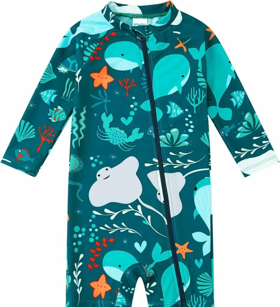 UpandFast Baby Boys UPF 50+ Swim Shirt One-Piece Rash Guard with Full Zipper - Toddler Sun Protection Swimwear