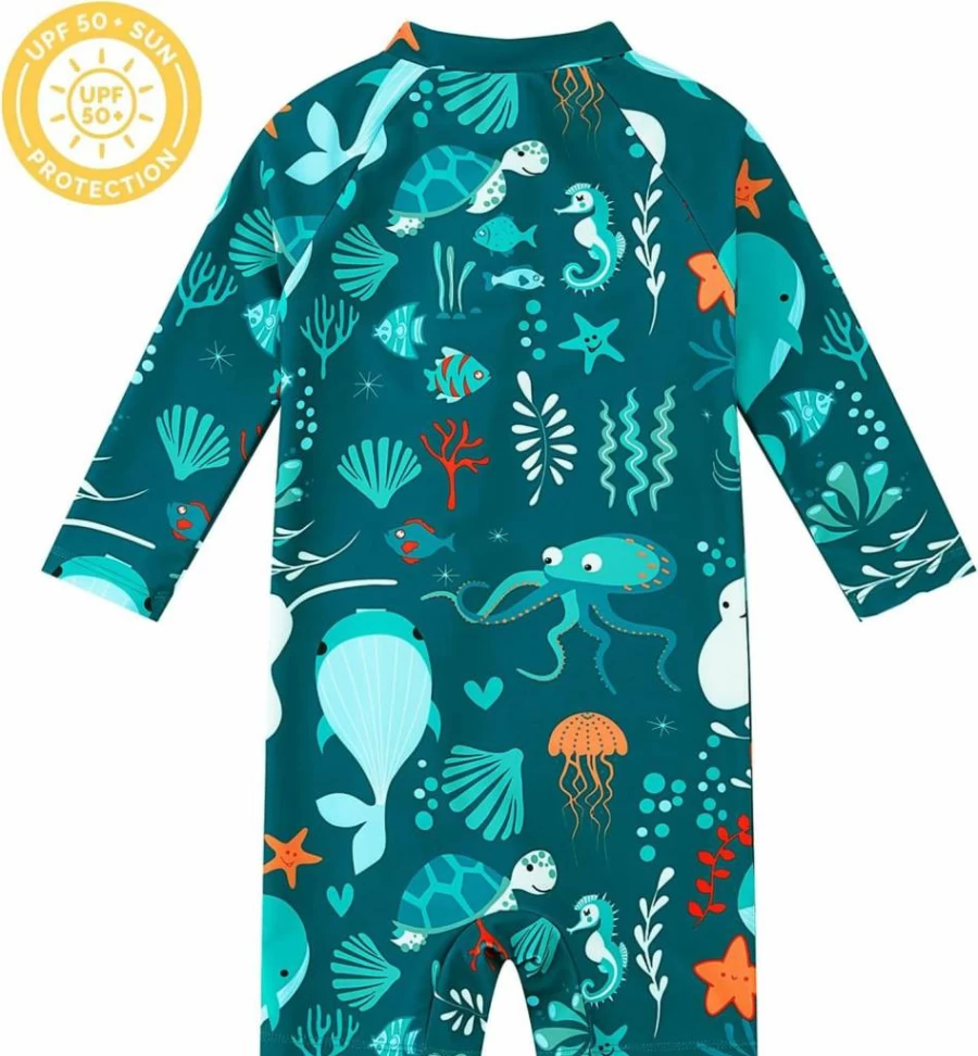 UpandFast Baby Boys UPF 50+ Swim Shirt One-Piece Rash Guard with Full Zipper - Toddler Sun Protection Swimwear