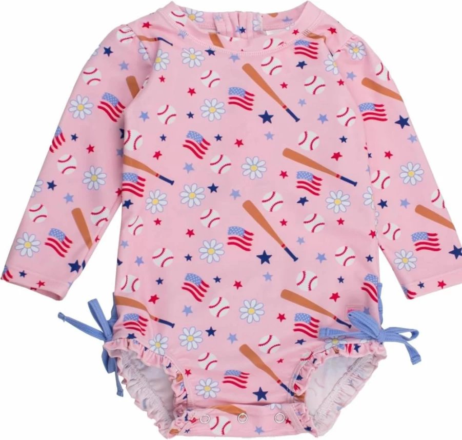 RuffleButts Baby Girls UPF 50+ Long Sleeve Rash Guard Swimsuit with Zipper - Sun Protective One Piece Bathing Suit