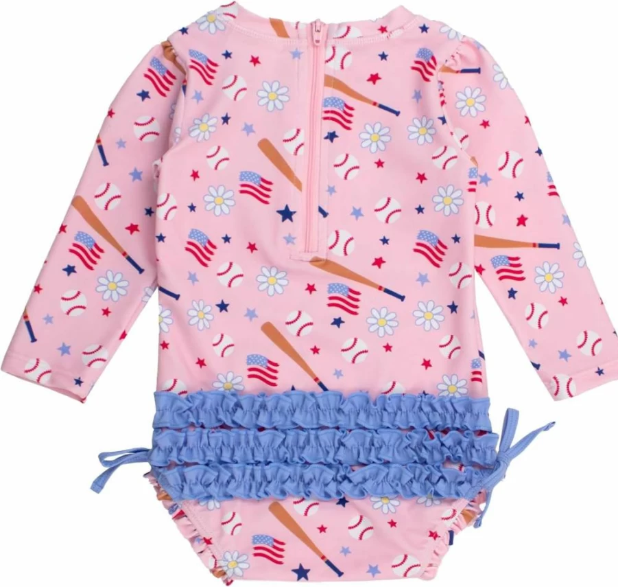 RuffleButts Baby Girls UPF 50+ Long Sleeve Rash Guard Swimsuit with Zipper - Sun Protective One Piece Bathing Suit