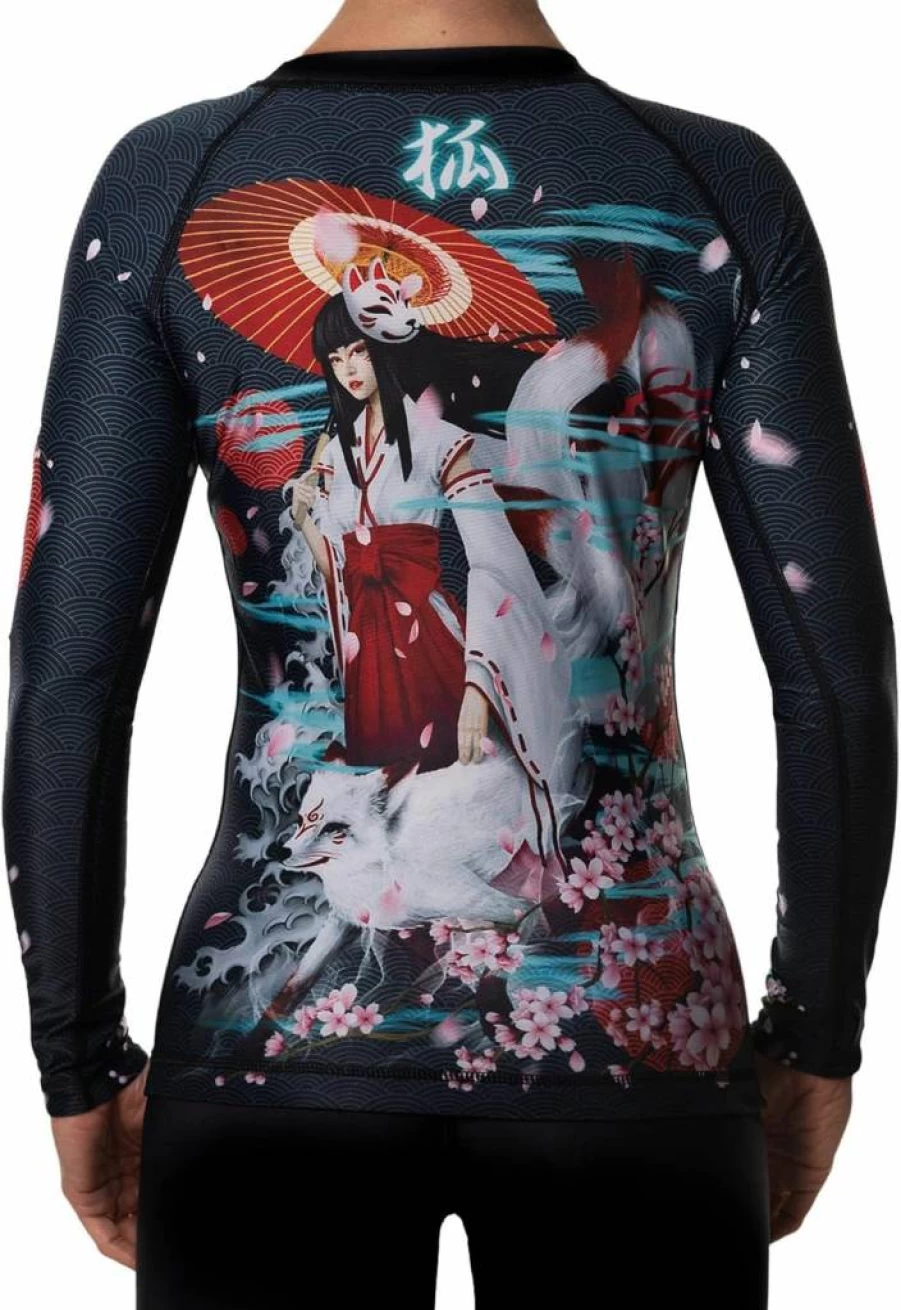 Raven Fightwear Women's Kitsune Fox BJJ Rash Guard - MMA Training Top - Black Long Sleeve Grappling Shirt