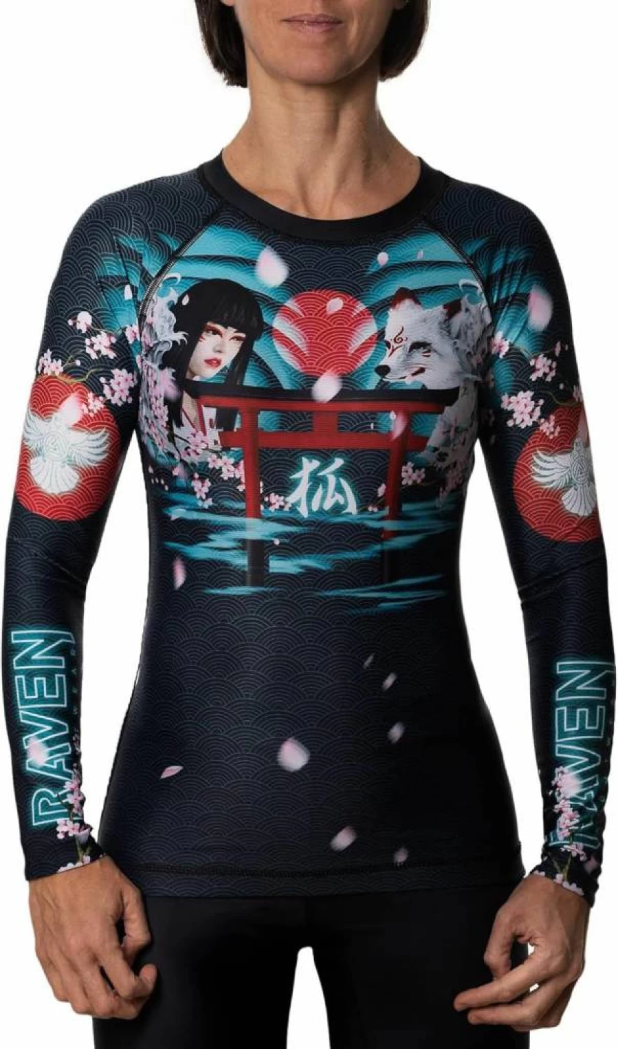 Raven Fightwear Women's Kitsune Fox BJJ Rash Guard - MMA Training Top - Black Long Sleeve Grappling Shirt