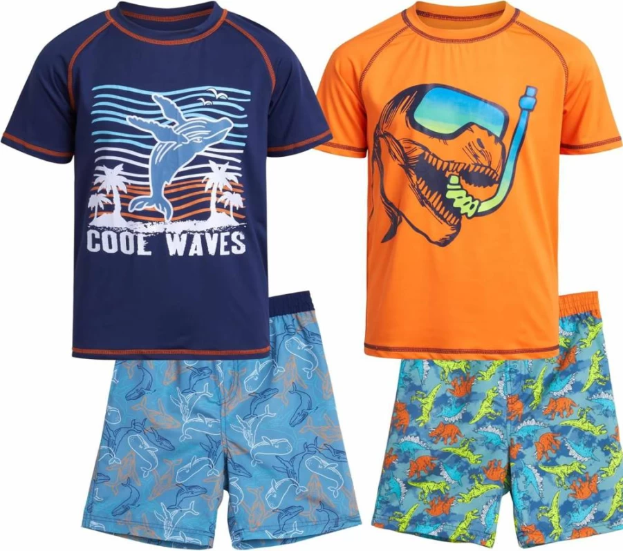 Quad Seven Boys 4-Piece Rash Guard Swim Set - Short Sleeve UPF 50+ Swimwear for Kids Ages 5-12 (Blue/Black) - Quick Dry Bathing Suit for Pool & Beach