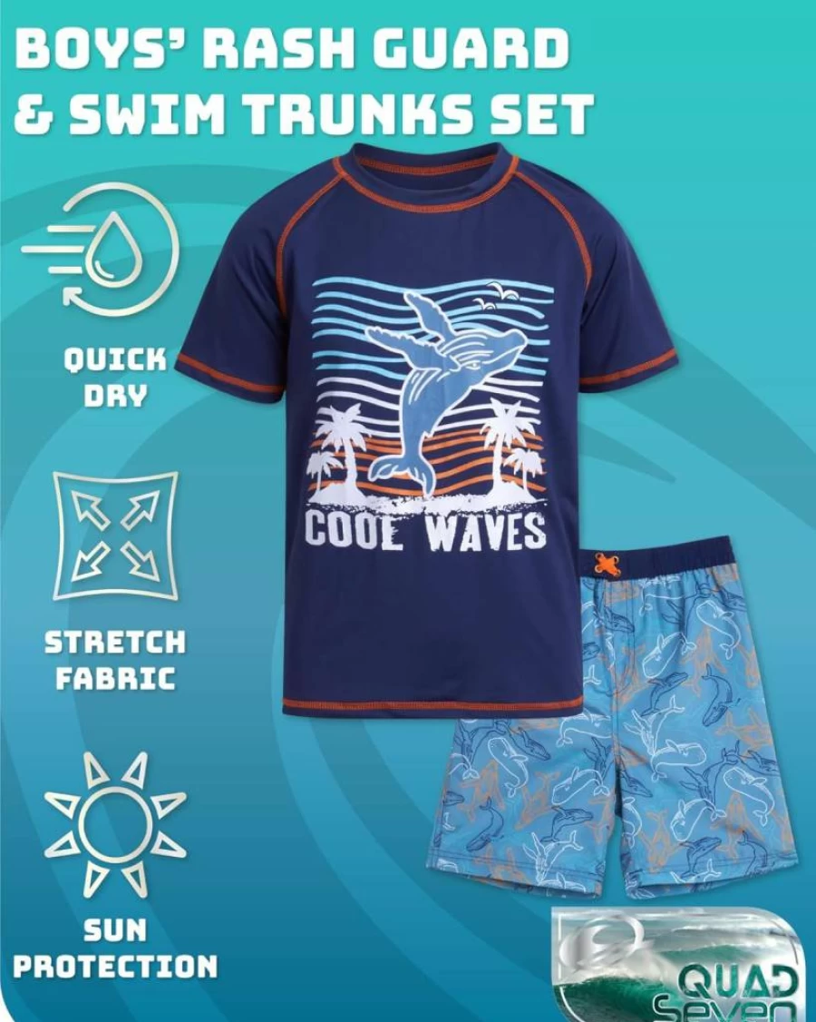 Quad Seven Boys 4-Piece Rash Guard Swim Set - Short Sleeve UPF 50+ Swimwear for Kids Ages 5-12 (Blue/Black) - Quick Dry Bathing Suit for Pool & Beach