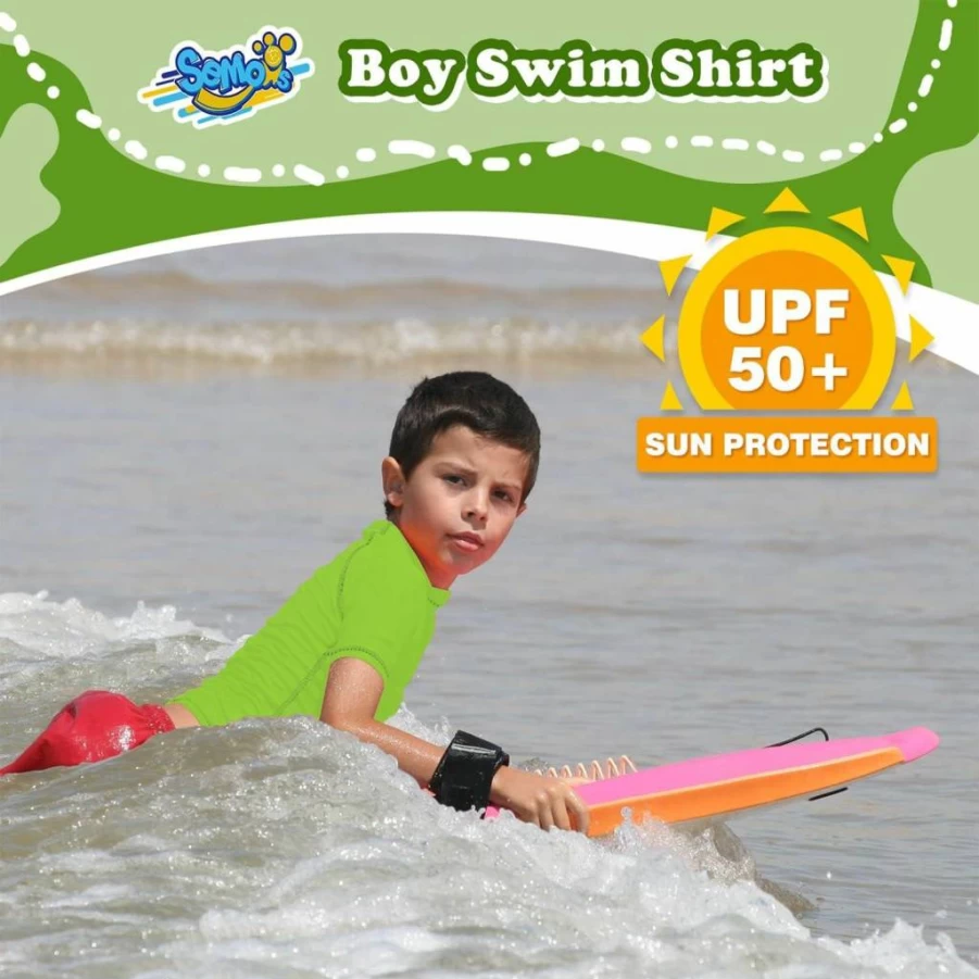 Semois Boys UPF 50+ Quick Dry Rash Guard Swim Shirt - Short Sleeve Sun Protection Swimwear for Toddler Kids Youth