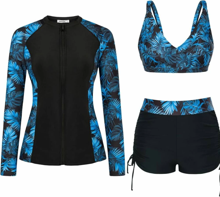 JASAMBAC Women's 3-Piece Long Sleeve Zip-Up Rash Guard Swimwear Set with Boyshorts & Built-In Bra UPF 50+ Sun Protection Swim Suit