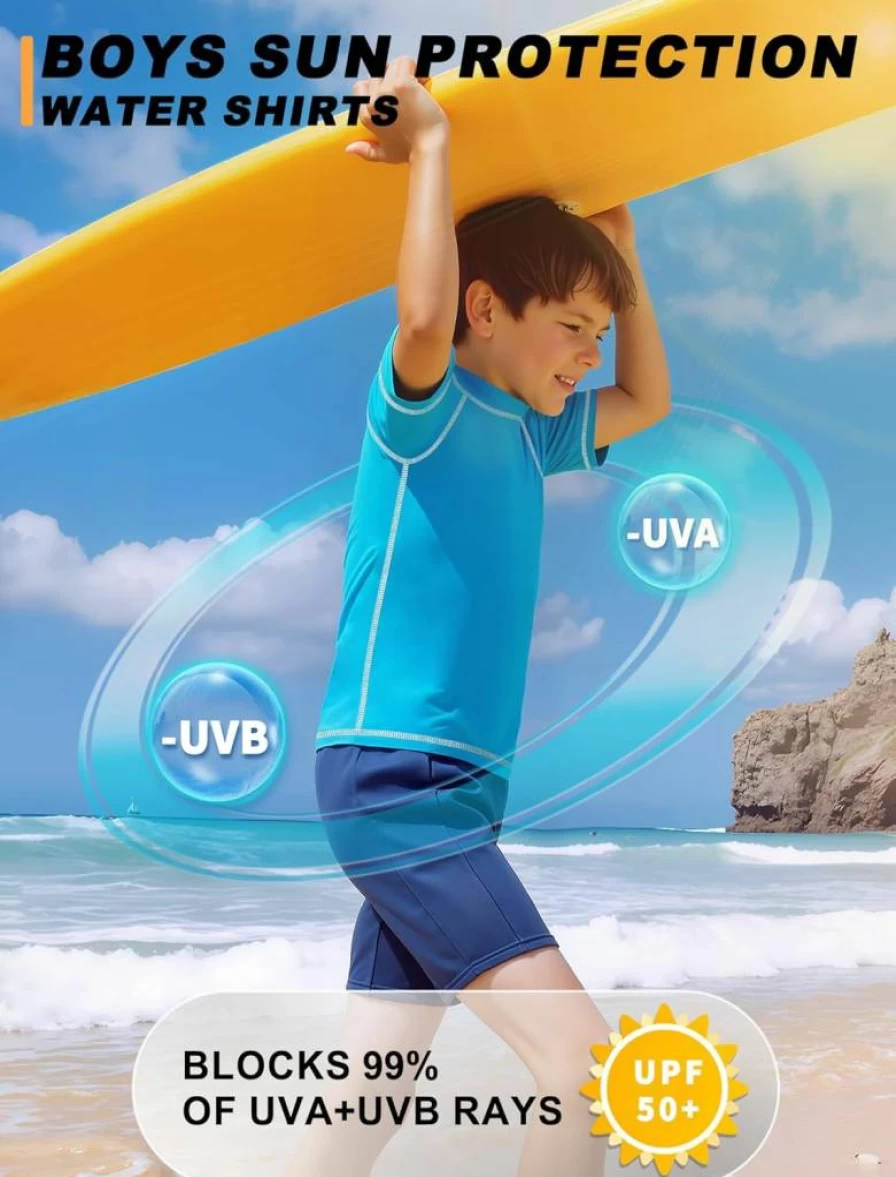 Bigant Boys UPF 50+ Sun Protection Short Sleeve Rash Guard - Quick Dry Youth Swim Shirt for Surfing, Beach & Water Activities