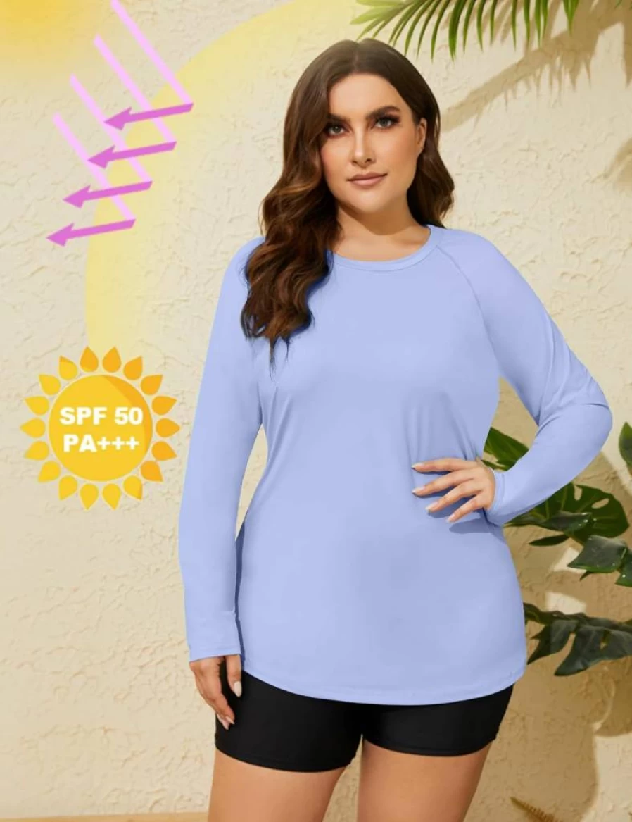 COOTRY Women's Plus Size UPF 50+ Long Sleeve Rash Guard Shirt - Quick Dry UV Protection Swim Top for Hiking, Fishing & Workout