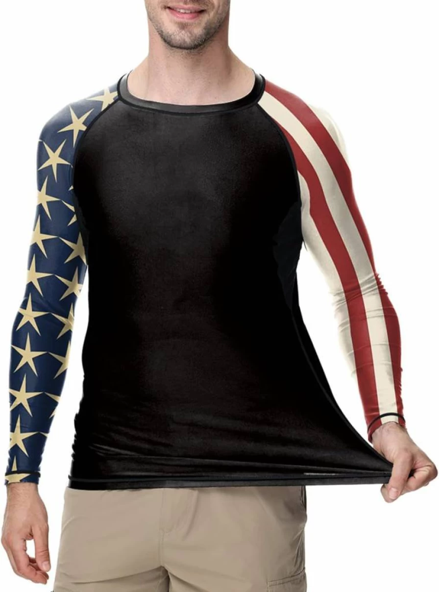 Color Cosplayer Men's BJJ Rash Guard - UPF 50+ Sun Protection, American Flag Print, Compression Long Sleeve Performance Shirt for Swimming & Martial Arts