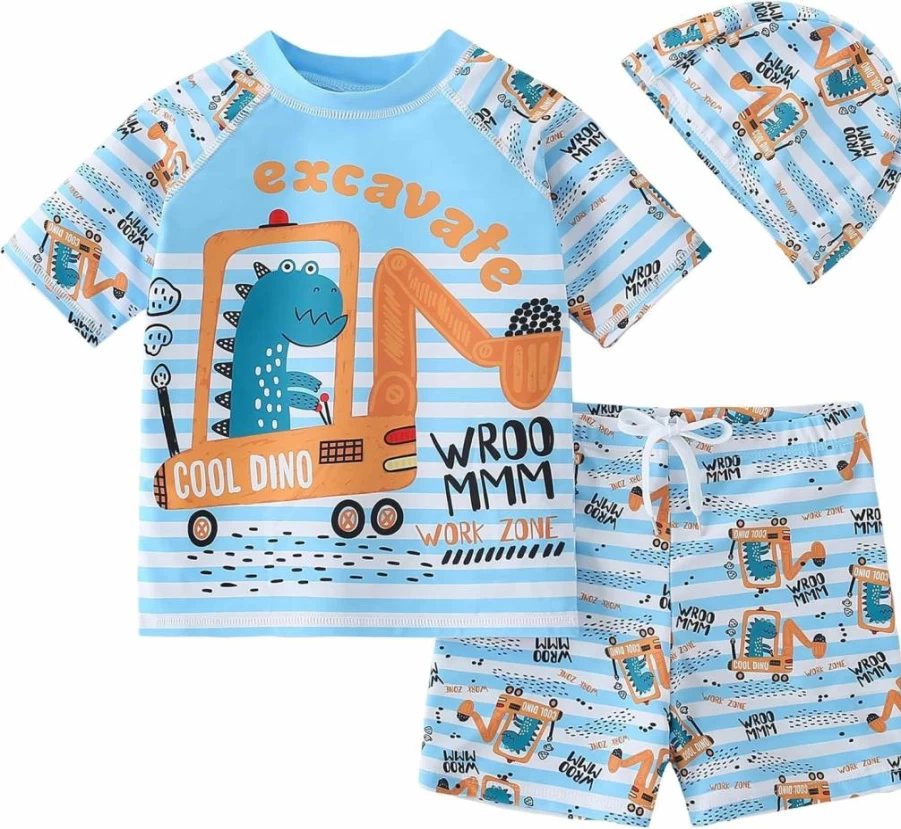 AIWUHE Boys' 2-Piece Swim Set with UPF 50+ Rash Guard, Swim Trunks & Sun Hat for Toddlers Ages 3-8 Years